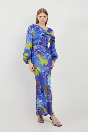 Karen Millen Bright Floral Print Satin Cold Shoulder Draped Midi Dress