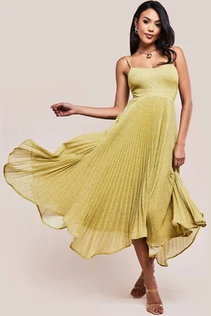 Goddiva Tie Back Pleated Lurex Skater Midi Dress