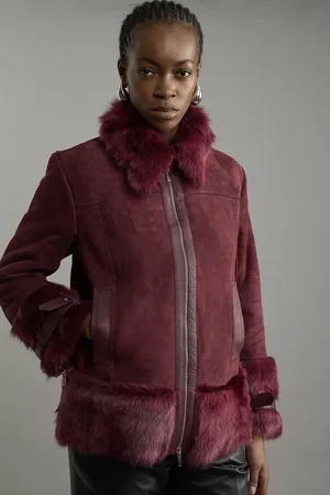 Karen Millen Shearling Buckle Detail Zip Through Coat