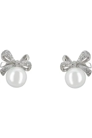 Latelita Ribbon Bow Pearl Stud Earrings Silver