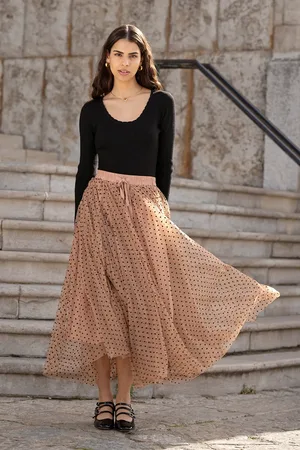 Yumi Brown Mesh Heart Print Tulle Skirt