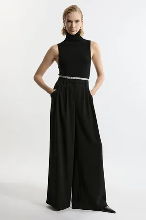 Karen Millen Tailored Crepe Pleat Detail Wide Leg Trousers