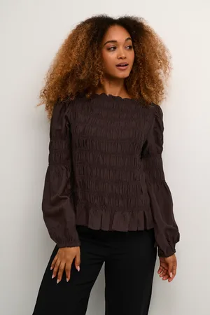 Cream Henva Long Sleeve Smock Blouse Plain