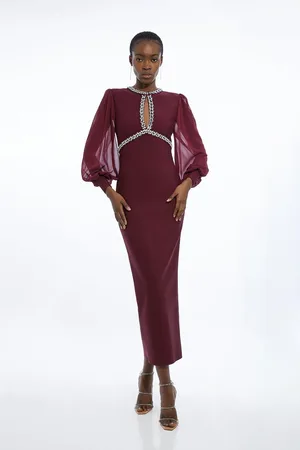 Karen Millen Embellished And Chiffon Sleeve Figure Form Knit Maxi Dress