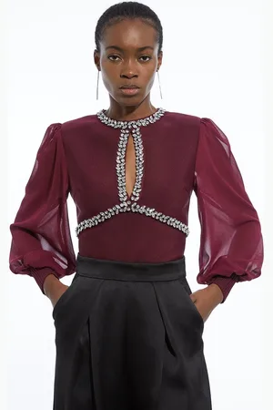 Karen Millen Bandage Embellished And Chiffon Sleeve Figure Form Knit Top