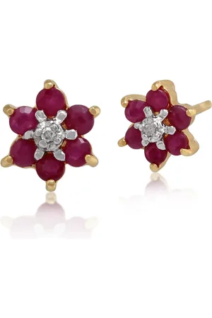 Gemondo Floral Round Ruby & Diamond 6 Stone Cluster Stud Earrings in 9ct Yellow Gold