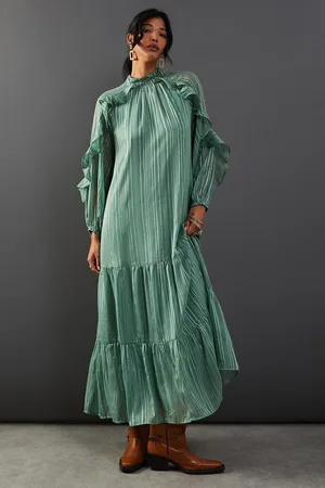 warehouse Shadow Stripe Tie Back Neck Ruffle Tier Midi Dress