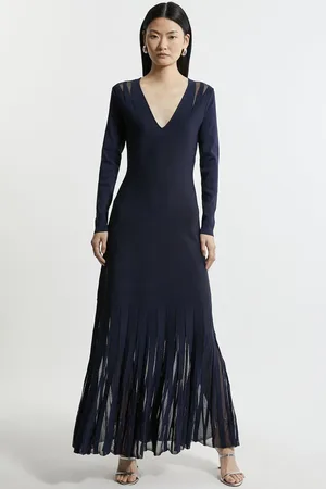 Karen Millen Long Sleeve Sheer Skirt Maxi Knit Dress