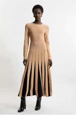 Karen Millen Pointelle Colour Block Full Skirted Viscose Blend Knit Dress