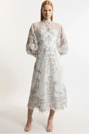 Karen Millen Petite Baroque Organdie Applique Buttoned Woven Maxi Dress