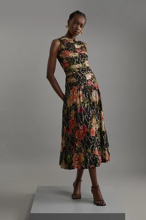 Karen Millen Floral Printed Viscose Metallic Thread Beaded Woven Midaxi Dress