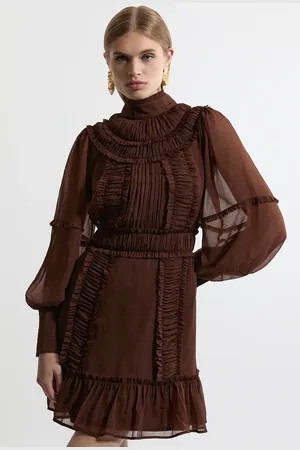 Karen Millen Lydia Millen Pleat Crinkle High Neck Drama Sleeve Woven Mini Dress
