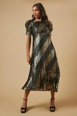 Oasis Petite Occasion Metallic Puff Sleeve Midaxi Dress
