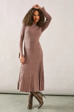 wallis Button Cuff Detail High Neck Pleated Knitted Midaxi Dress