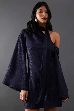 warehouse Petite Satin Jacquard Tie Neck Asymmetric Shoulder Mini Dress
