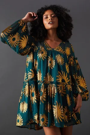 warehouse Sun Metallic Jacquard Frill Detail Mini Smock Dress