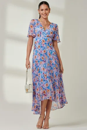 Jolie Moi Floral Pleated Chiffon Dip Hem Dress