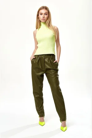 Liquorish Tapered Leather Look Trousers in Khaki