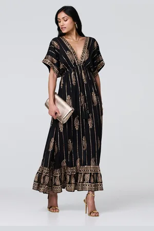 Izabel London Metallic Print V-Neck Kimono Maxi Dress