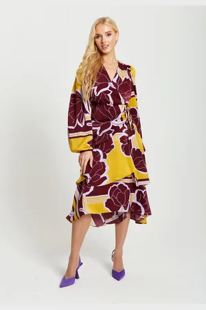 Liquorish Geometric Floral Print Midi Wrap Dress In Mustard And