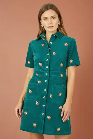 Yumi Cord Shirt Dress With All Over Fox Embroidery