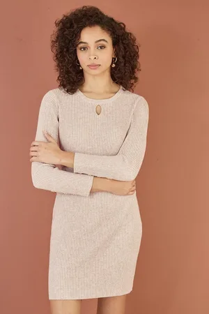 Yumi Oatmeal Rib Knit Tunic Dress With Button Cuffs And Cut Out Detail