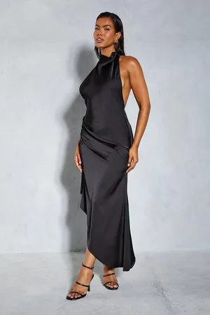 MissPap Premium Satin Halterneck Low Back Asymmetric Midi Dress