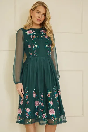 Yumi Embroidered Long Mesh Sleeve Prom Skater Dress