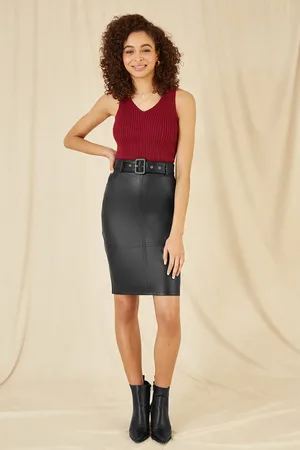 Yumi Faux Leather Midi Pencil Skirt With Matching Belt