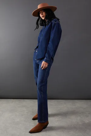warehouse Denim Stud Detail Straight Leg Jean
