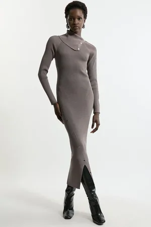 Karen Millen Viscose Blend Rib Envelope Neck Knit Midi Dress