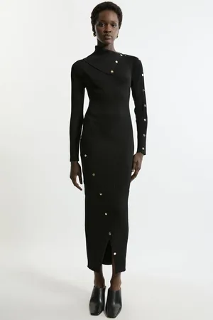 Karen Millen Viscose Blend Rib Envelope Neck Knit Midi Dress