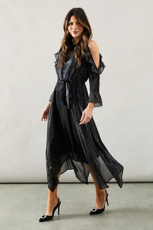 wallis Occasion Metallic Stripe Cold Shoulder Midi Dress