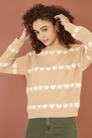 Yumi Oatmeal Knitted Jumped With Heart Stripes