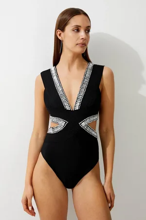 Karen Millen Bandage Embellished Trim Cut Out Swimsuit
