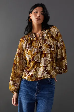 warehouse Printed Metallic Jacquard Tie Neck Frill Collar Blouse