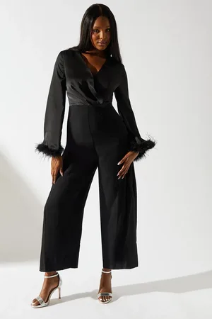 Coast Satin Long Sleeve Jumpsuit With Feather Cuff