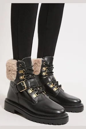Karen Millen Leather Fur Lined Chunky Lace Up Worker Boot