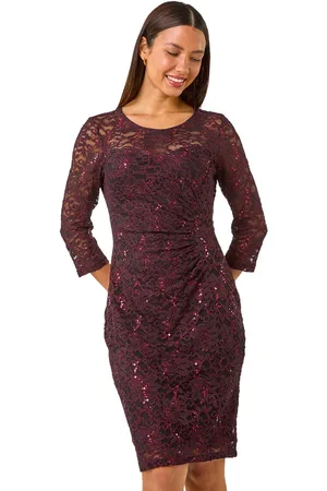 Roman Sequin Lace Ruched Stretch Dress