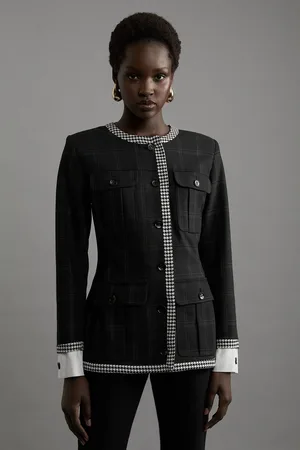 Karen Millen Formal Tailored Black Check Buttoned Shirt