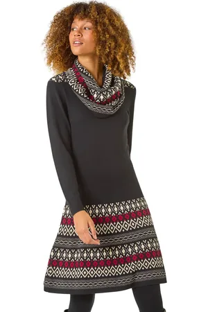 Roman 2 in 1 Nordic Print Scarf Neck Knitted Dress
