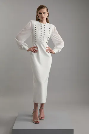 Karen Millen Figure Form Bandage Knit Chiffon Sleeve Military Trim Maxi Dress