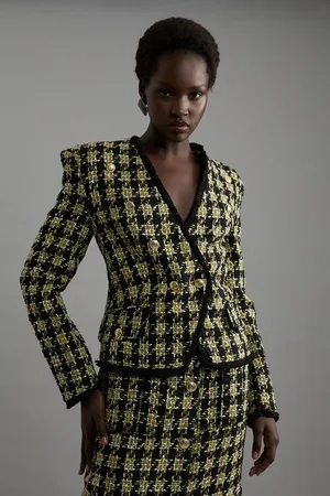 Karen Millen Wool Blend Check Tailored Asymmetric Jacket