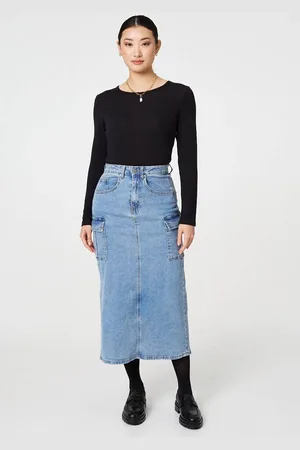 Izabel London Denim High Waist Midi Cargo Skirt