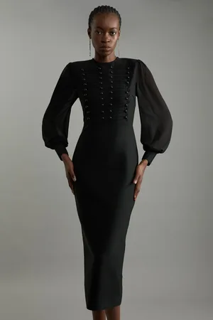 Karen Millen Figure Form Bandage Knit Chiffon Sleeve Military Trim Maxi Dress
