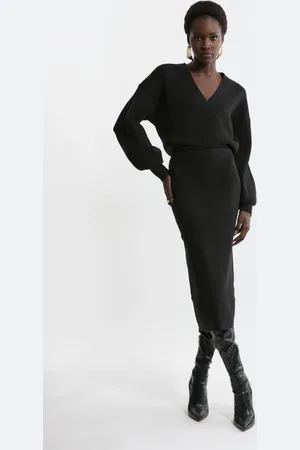 Karen Millen Wool Look Blouson Sleeve Midi Knit Pencil Dress