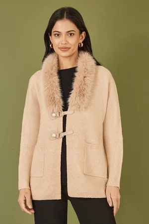 Yumi Oatmeal Cardigan With Detachable Fur Collar Trim