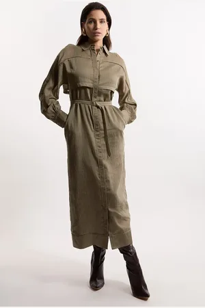 Karen Millen Slub Organdie Woven Utility Midi Dress With Button Sleeve Detail