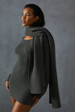 MissPap Knitted Slash Neck Scarf Detail Mini Dress