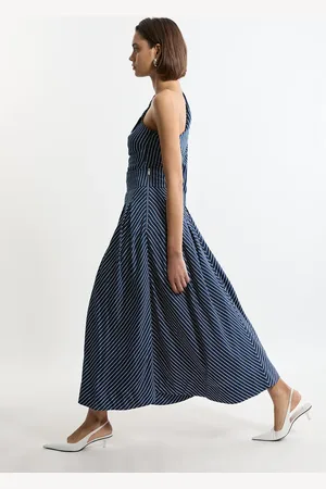 Karen Millen Striped Cotton Pleated Woven Maxi Skirt